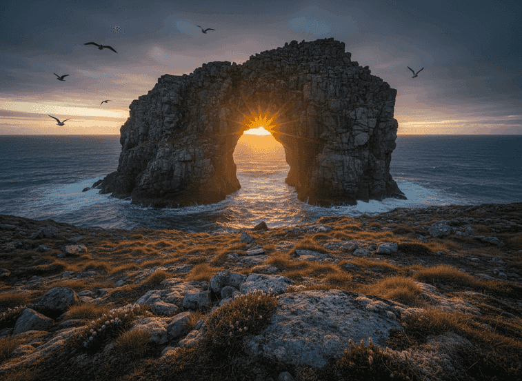 Kirkeporten Natural Arch – Midnight Sun Through Stone