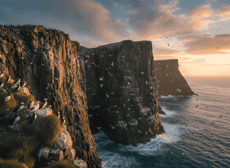Runde Bird Cliffs at Dawn – Seabird City Awakening